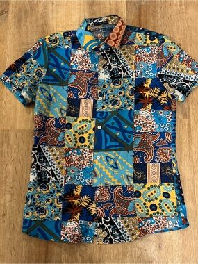 ROMWE Men’s Small Patchwork Button Up Shirt Short Sleeve Boho Eclectic Grandpa
